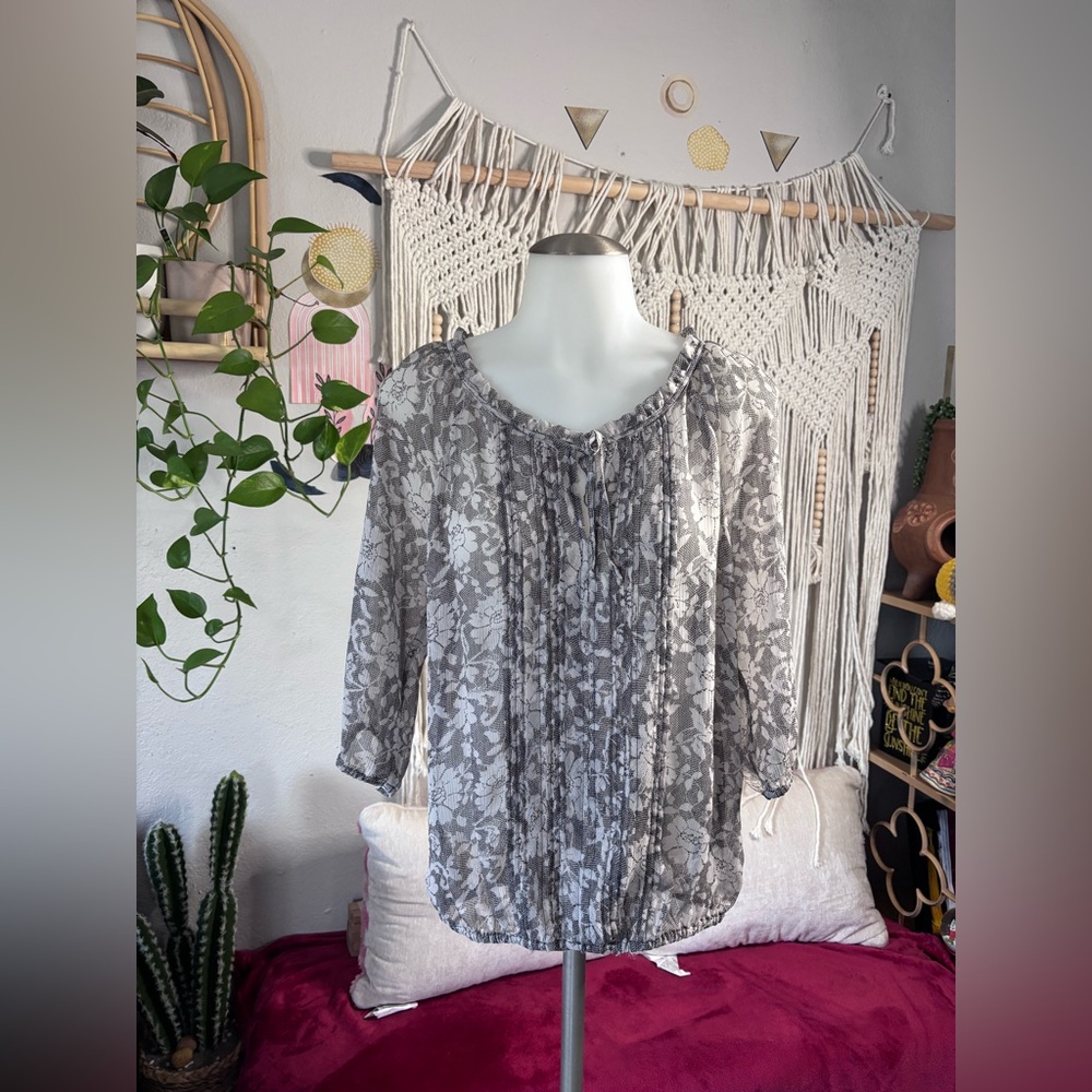 Express Gray with white sheer blouse